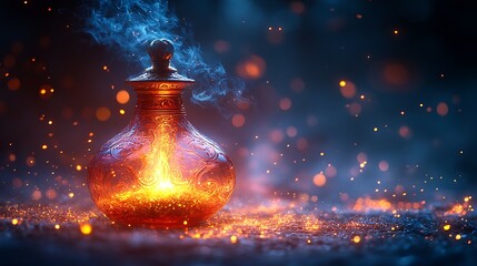 A glass bottle with a glowing light inside, surrounded by smoke and sparks.