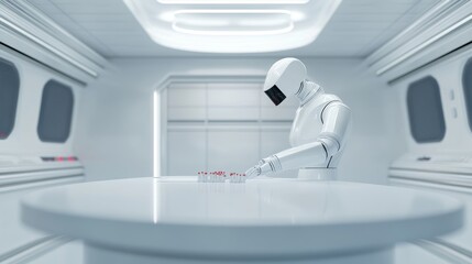 A futuristic sterile laboratory featuring a white robot meticulously handling test tubes, symbolizing automation, precision, and the future of scientific research.