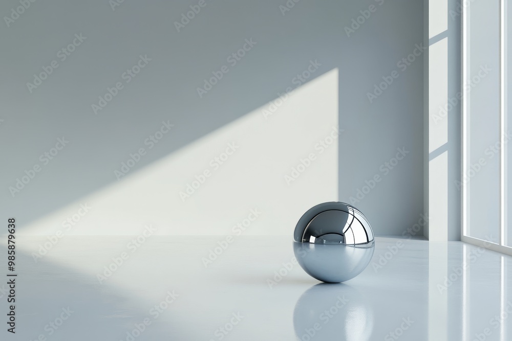 Poster a gleaming silver sphere rests on a pristine white floor, bathed in the soft glow of sunlight filter
