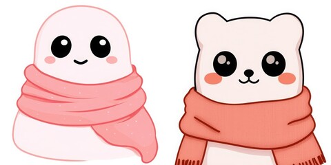 Watercolor Cute cartoon characters wearing scarves, featuring a friendly bear and a smiling ghost. Perfect for children's designs. Isolate on white background set