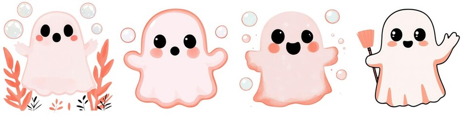 Fototapeta premium Watercolor Cute cartoon ghosts with big eyes and cheerful expressions, perfect for Halloween and fun designs. Isolate on white background set