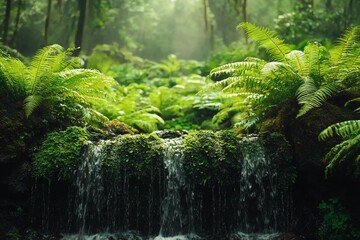 Obraz premium Lush green fern and mossy waterfall in a forest.