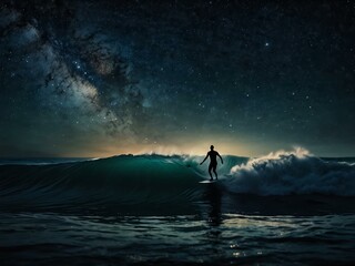 A surfer riding a wave under a starry night sky.