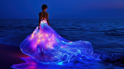 Woman in Iridescent Gown with Glowing Lights Stands by the Ocean at Dusk
