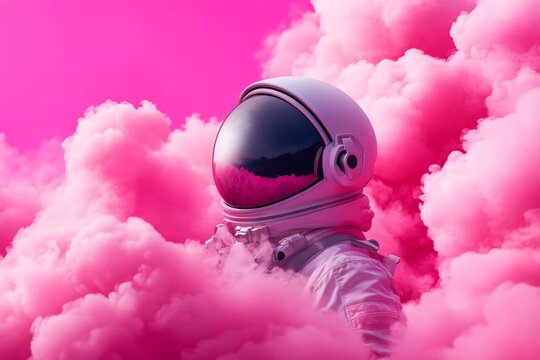 A lone astronaut ventures through a surreal landscape of pink clouds, symbolizing dreams, imagination, new horizons, and the beauty of the unknown.