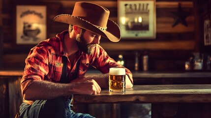 A man in a cowboy hat sits alone at a bar, looking down at his beer.