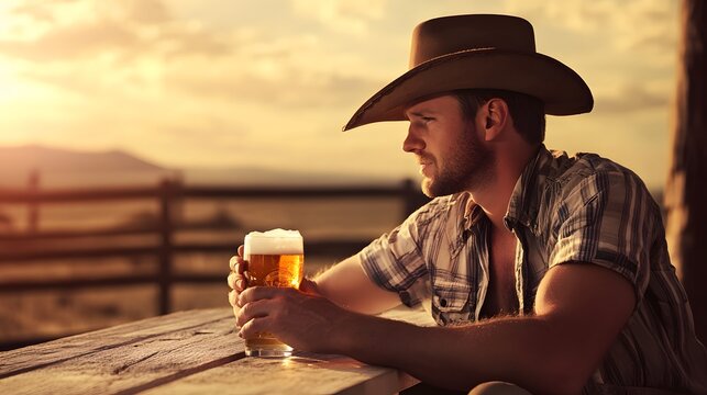 A cowboy in a hat enjoys a beer at sunset.