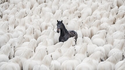 A visually striking image illustrating a single black horse amidst a sea of white horses, representing beauty in diversity and contrast.