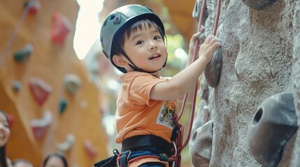 An Asian child climbing a rock wall at a park, with a close-up view of their helmet and safety equipment on their face. This is an outdoor sport activity for children in the city, with a motion-blurre