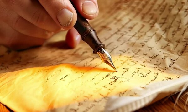 Hand Holding a Fountain Pen Writing on Parchment Paper