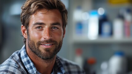 Fototapeta premium Confident Man Smiling in Workshop Setting