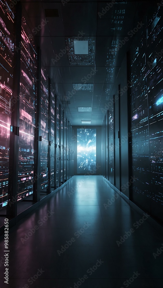 Poster abstract data center hallway with digital cloud visualization.
