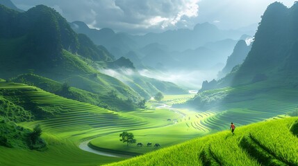Fototapeta premium Wideangle view of a rice terrace in Vietnam with bright green fields cascading down hillsides and farmers working in the distance