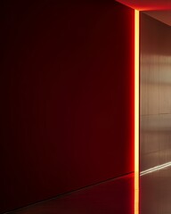 Warm red light highlights a smooth wall corner, enhancing the contemporary design of the space during dusk