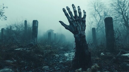 Fototapeta premium A zombie hand reaches out from the ground in a misty graveyard.