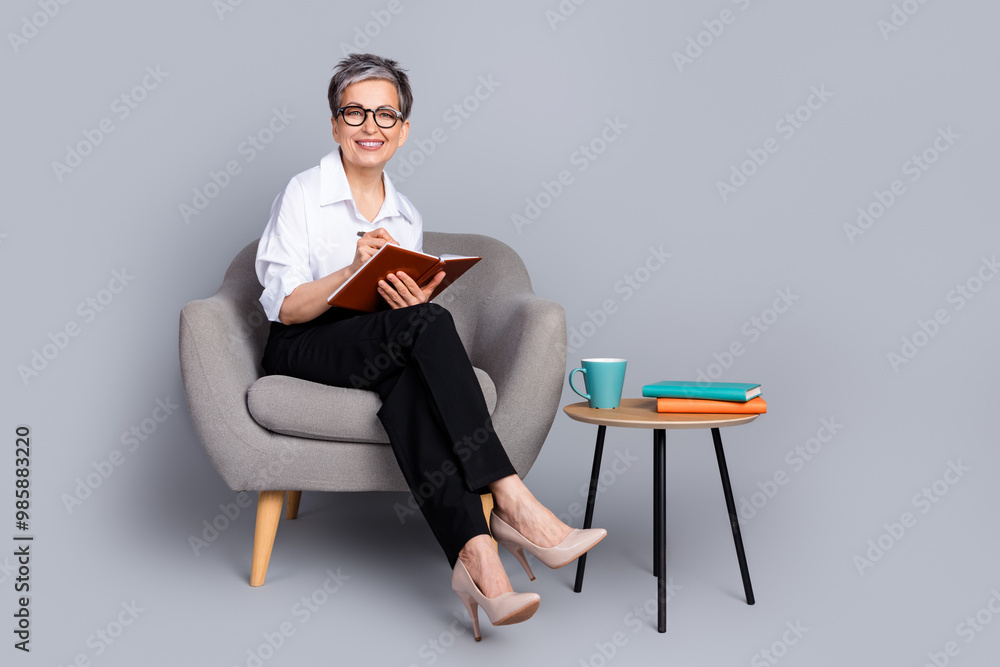 Poster full body photo of attractive pensioner woman sit armchair write notebook dressed stylish formalwear