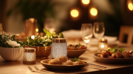 Fototapeta premium A beautifully set dining table adorned with flowers, candles, and a variety of delicious dishes, ready for an elegant and intimate evening meal. Warm lighting adds charm.
