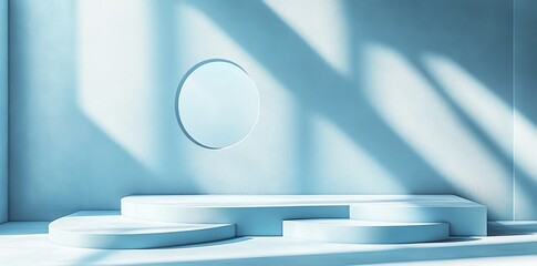 Minimalist blue product display with round podium and sunlight shadows.