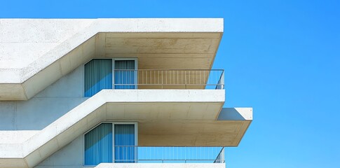 Minimalist exterior of a modern building with a concrete wall and balconies against a blue sky.