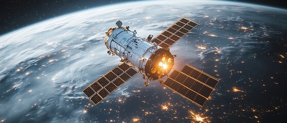 Satellite orbiting a planet, isolated on white background, clip art style