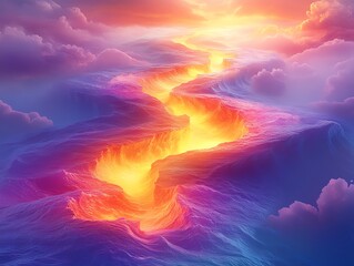 Obraz premium A glowing river of colors flowing through an abstract, dreamlike landscape, symbolizing the creative flow of ideas