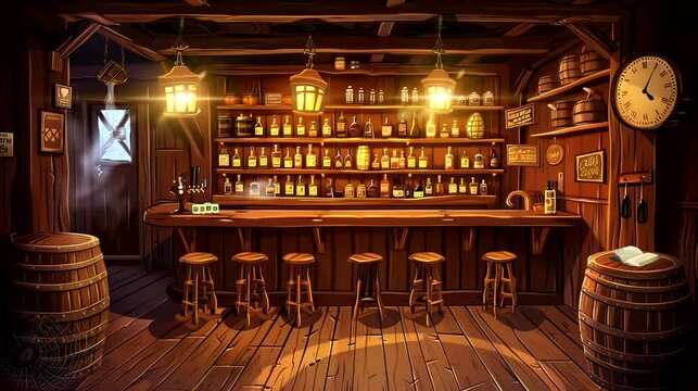 A classic Western-style saloon with a wooden bar, stools, and rustic lighting. Seamless looping time-lapse video background