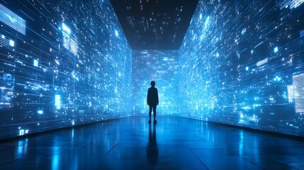Silhouette of a Person Standing in a Futuristic Corridor with Glowing Blue Walls