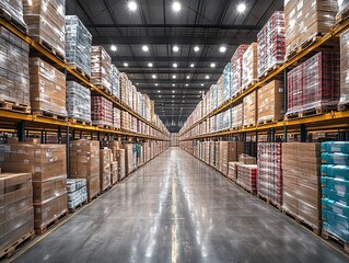 Massive distribution warehouse with aisles of stacked pallets, ready for shipment The scale of the facility reflects the importance of logistics in managing global supply chains