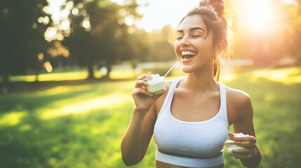 Happy woman enjoying a refreshing snack in the park.