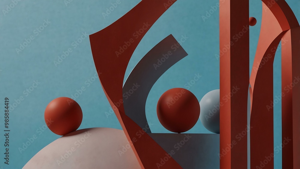 Poster abstract shapes on a red structure against a soft blue background.