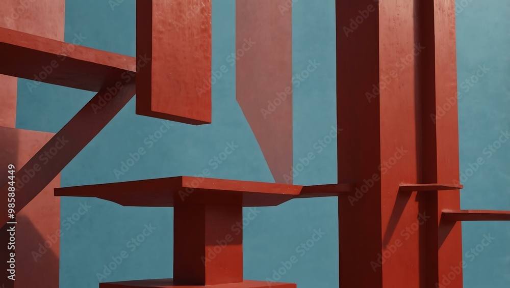 Poster abstract shapes on a red structure against a soft blue background.