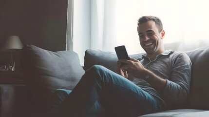 Fototapeta premium Man laughs while looking at his phone.