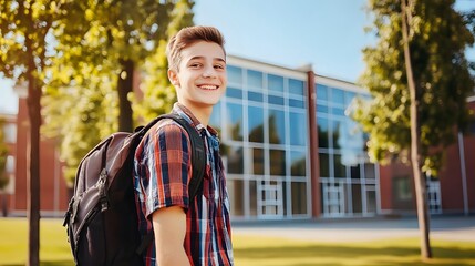 Smiling teenage boy with backpack in front of school building