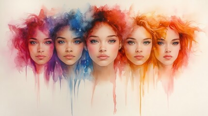 empowering portrait of diverse women united in celebration rendered in expressive watercolor style with fluid brushstrokes and vibrant splashes of color