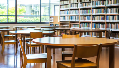a empty library with table , chairs and books with isolated background generated by AI