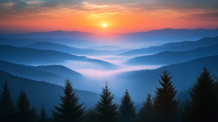 Obraz premium A fiery sunset paints the mountain peaks with streaks of orange and purple, casting long shadows across the valley below.