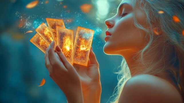 Woman holding magic tarot cards for predicting the future. Tarot reader, new esoteric knowlage