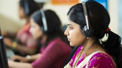 Young woman in a pink sari using a headset while working at a computer.