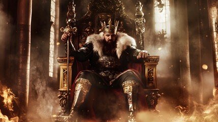 A king sits on his throne with a scepter in hand.