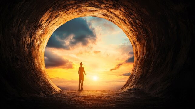 A person pulling themselves out of a dark hole (negative thinking) towards a bright, sunny landscape (positive thinking), symbolizing overcoming negativity