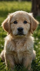 Adorable golden retriever puppy sitting in green grass.