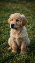 Adorable golden retriever puppy sitting in green grass.