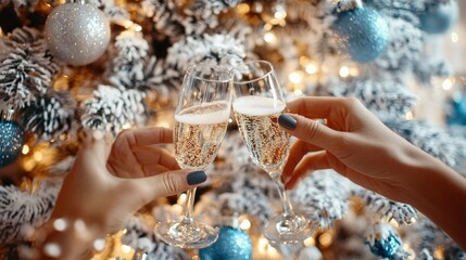 Friends gathered by a silver and blue Christmas tree, celebrating with champagne, against a textured white background.