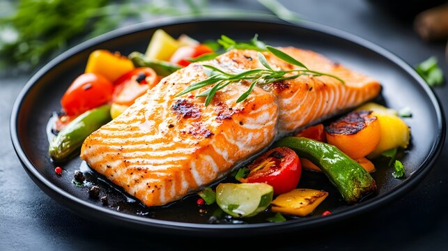 Gebratener Lachs mit Gem&uuml;se auf einem schwarzen Tisch