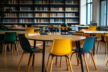 a empty library with table , chairs and books with isolated background generated by AI