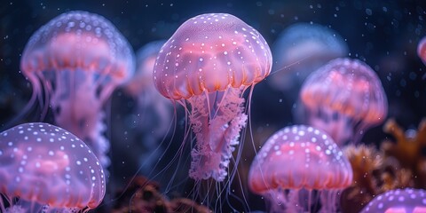 Naklejka premium Pink Spotted Jellyfish Under The Sea