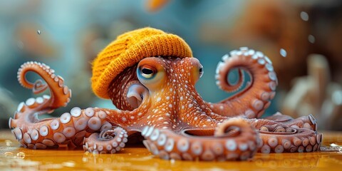 Fototapeta premium Octopus Wearing a Knit Hat