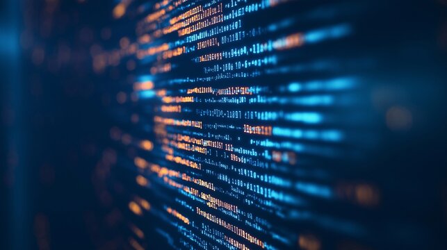 software binary code and light blue text flow running over virtual space in the form of a screen. solid dark blue background. design for website wallpapers, banner.