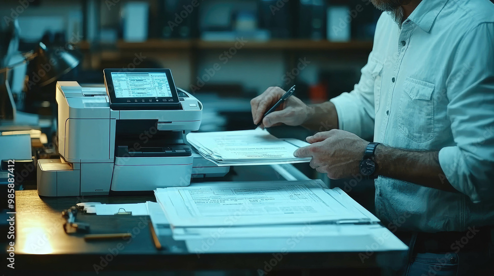 Poster hand operating a high-tech printer in an office setting, focused on document processing