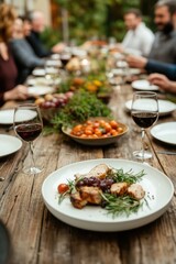 A beautifully set dining table with a delicious meal, surrounded by people enjoying a gathering, showcasing gourmet dishes and wine.